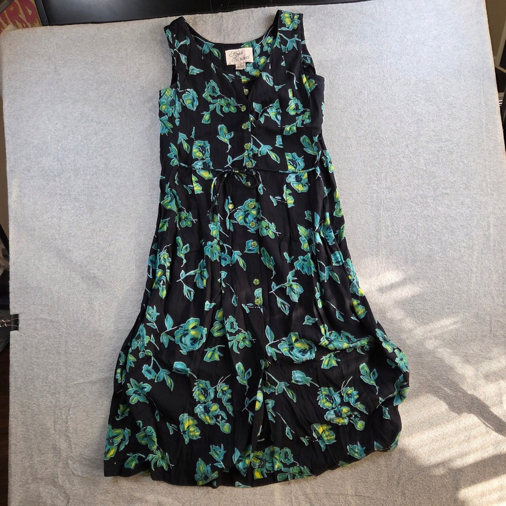 Sarah Elizabeth Midi Dress Women 8P Black Floral Rayon Button Front Sleeveless